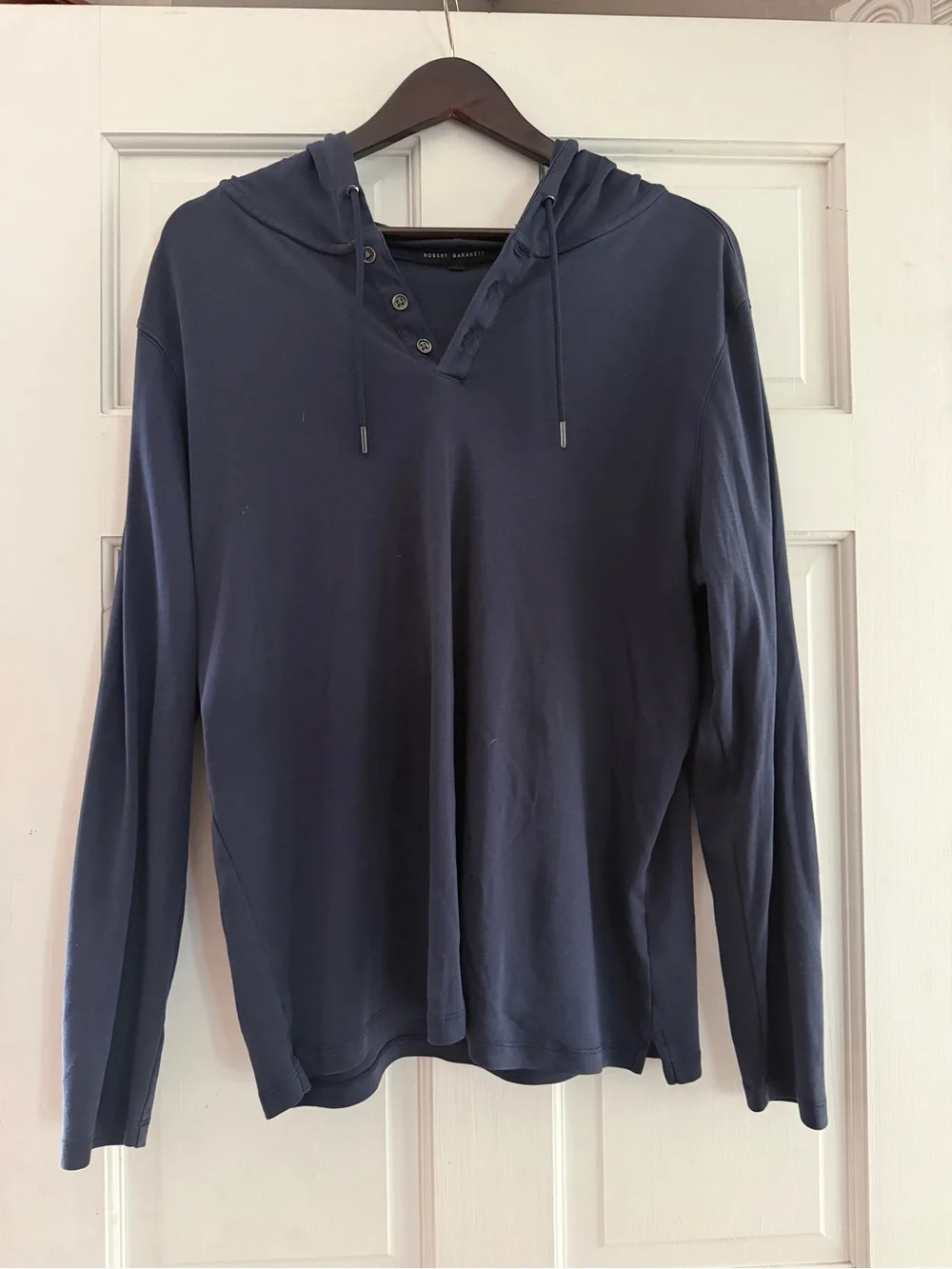 Robert Barakett Mens Large Navy Pima Cotton Henley Hoodie Excellent Condition